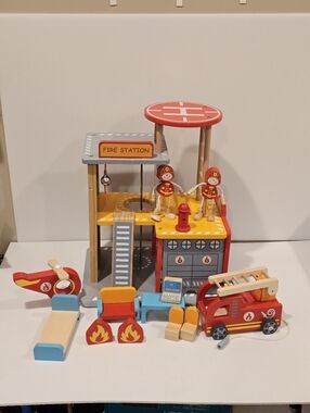 Wooden Dollhouse Fire Station Playset and Accessories Set